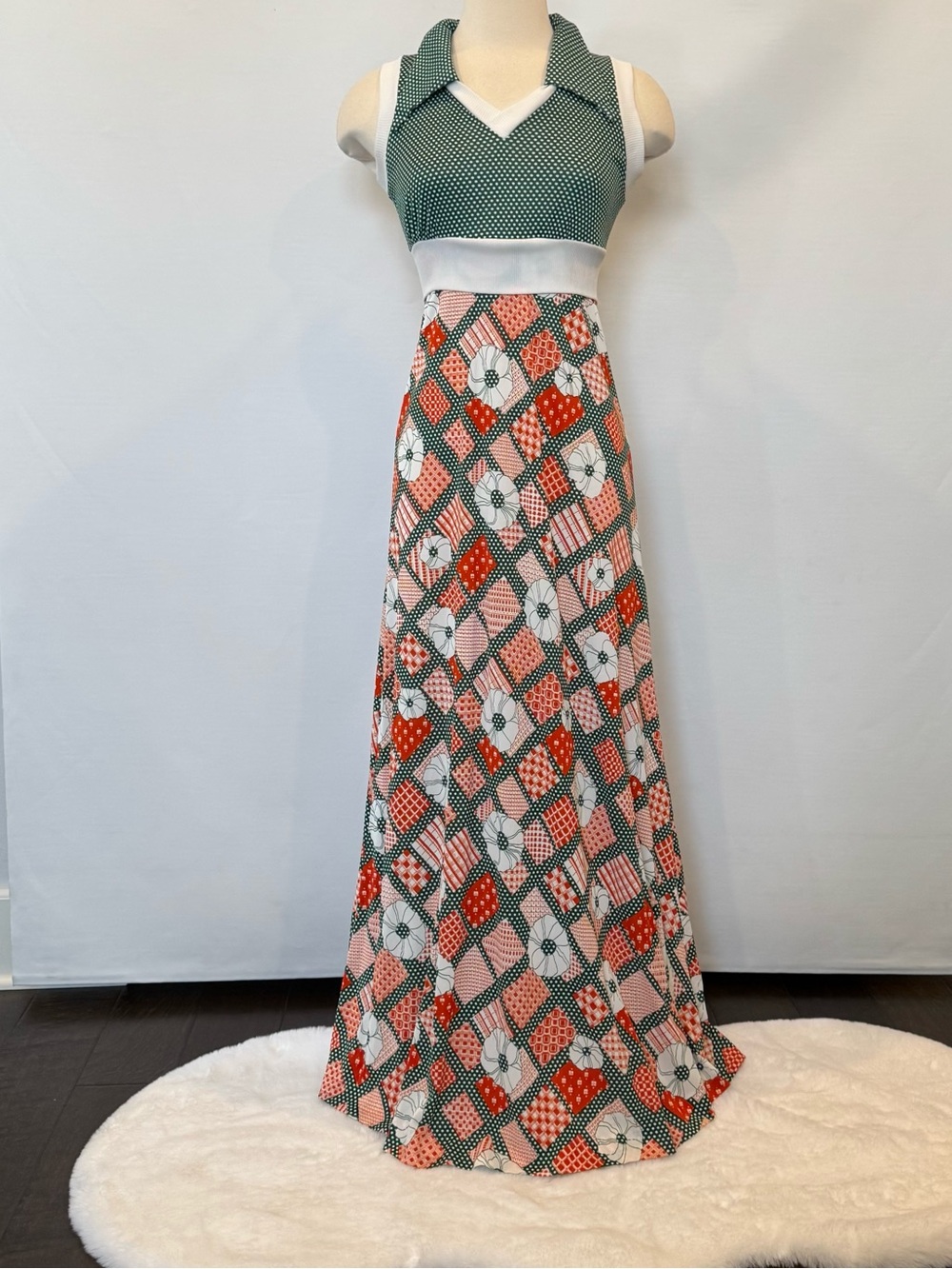 70s Vintage Groovy Plaid Polka Dot Green Halter Dress Maxi Gown & Jacket Set - Picture 9 of 12